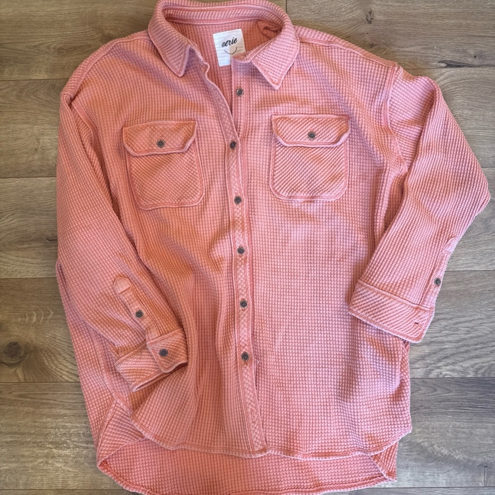 Aerie Lumberjack Orange Waffle Button Down Women’s Small Shirt Long Sleeve